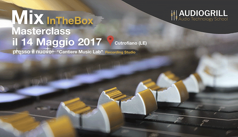 la locandina della masterclass mix in the box di audiogrill a cutrofiano, con il primo piano di una console digitale